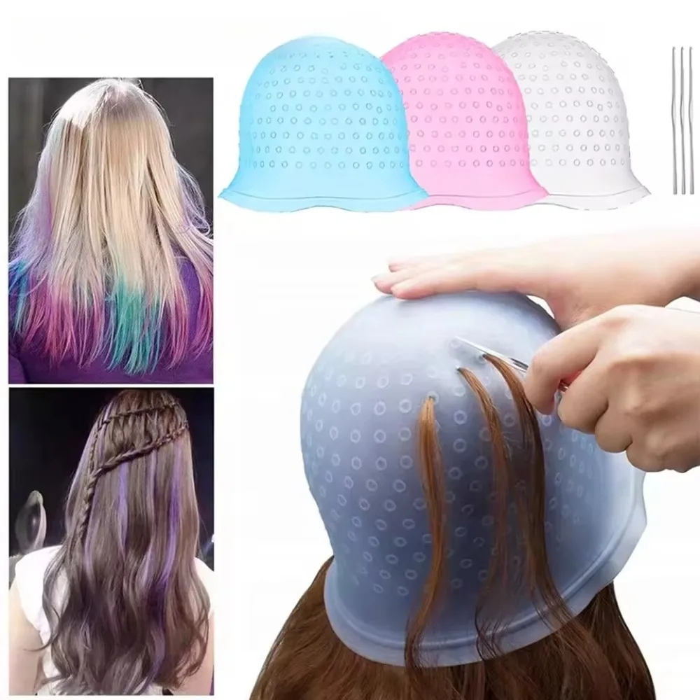 

Hairdressing Hair Dyeing Caps With Metal Hooks Professional Barber Silicone Hair Coloring Cap Barbershop Salon Styling Tools