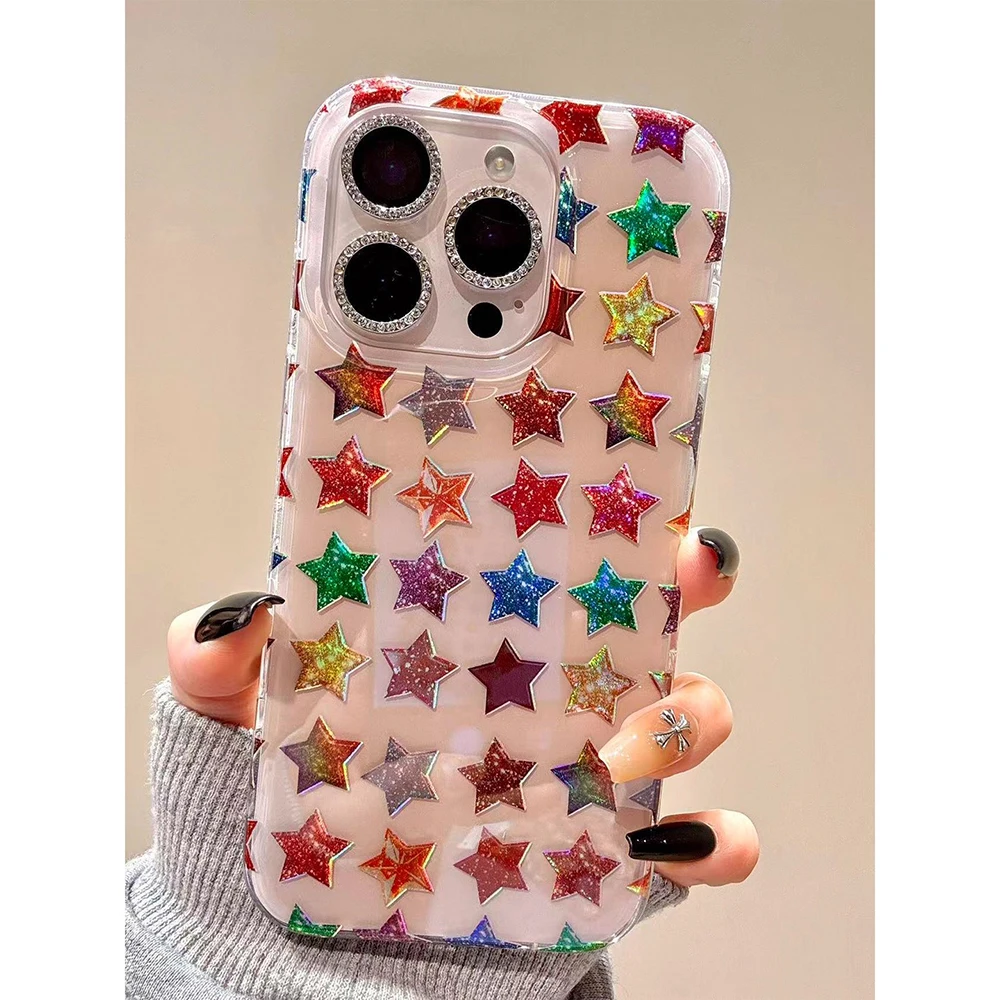 

Fashion Colorful Five-pointed Stars Printed Laser Phone Cases for IPhone 13 16 15 14 17Pro Max Shockproof Protective Cover Case