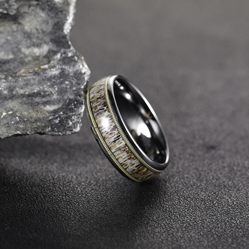 Tigrade 8mm Men's Tungsten Carbide Ring Antlers Guitar String Inlay Wedding Rings For Men Engagement Promise Jewelry Comfort Fit