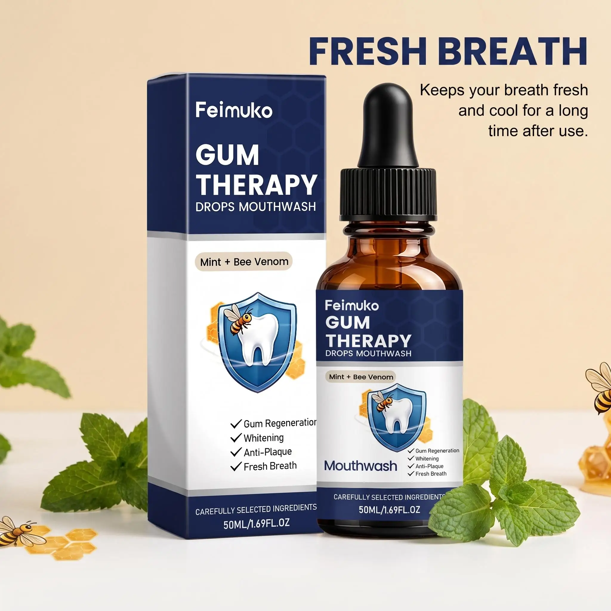 Feimuko Bee Venom Gum Therapy Drops Mouthwash Gentle Cleansing Refreshing Gums Fresh Breath Daily Oral Health Care Liquid Rinse