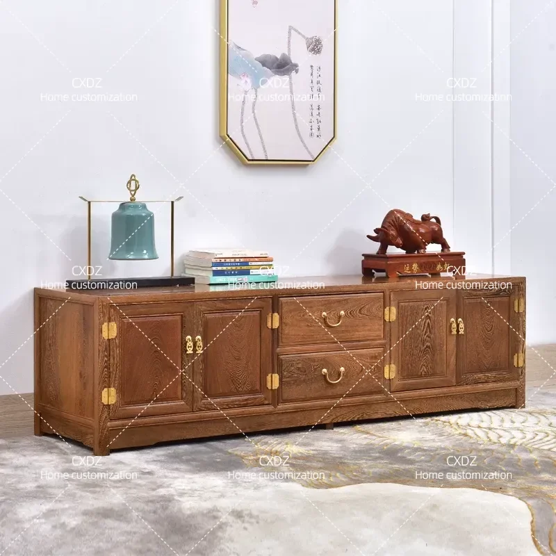 Solid Wood TV Cabinet Chinese Antique Style Living Room Media Console Log Classical Simple Floor Standing Storage Unit