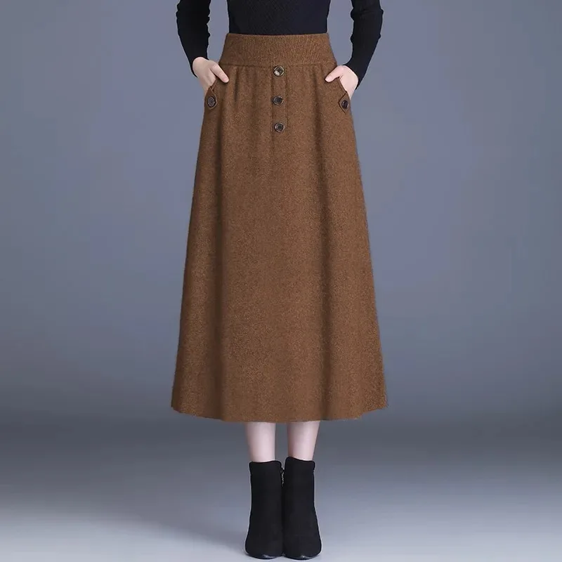 Thickened Stretchy A-line Skirt Mid-length Women's Plus Size Waist Slimming Skirt Design Knitted Winter Wool Skirt