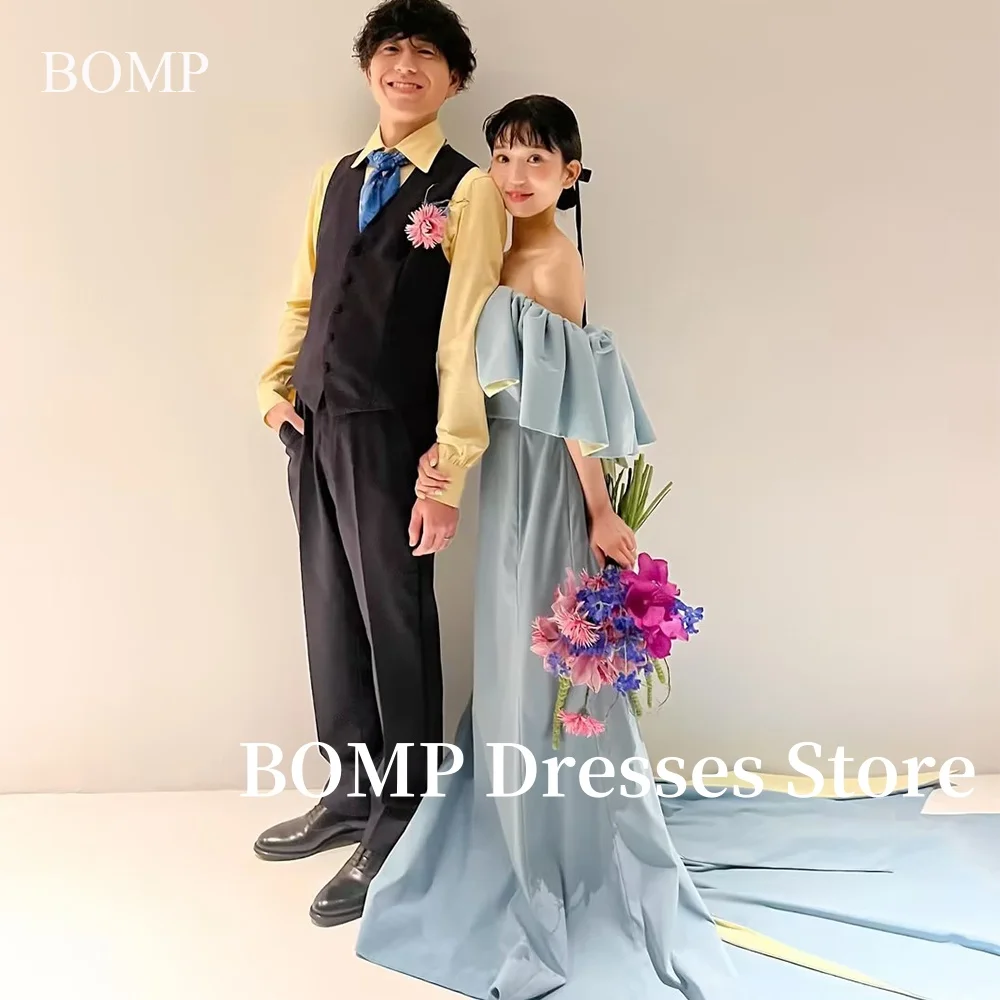 BOMP Baby Blue Wedding Dresses Korea Photo shoot Pleats Floor length Mermaid Trumpet Bridal Gowns  Customized Princess