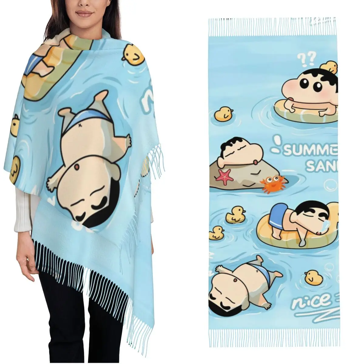 Crayon Shin-chan Swimming Nice Shawls Wraps for Womens Winter Long Soft Scarf Japanese Anime Pashminas Shawl Scarves