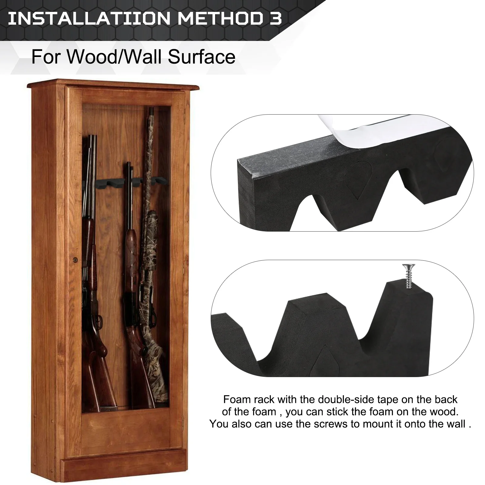 Tactical Foam Gun Rack Wall Mount Rifle & Shotgun Holder w/ Magnetic Strip & Hook Secure Hunting Gun Safety Storage Accessory