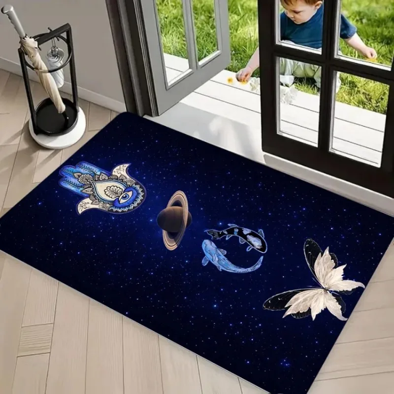 Evil Eye Mandala DOORMAT Carpet Deep Blue Background with Gold Ornate Patterns Stylish Non-Slip Floor Mat