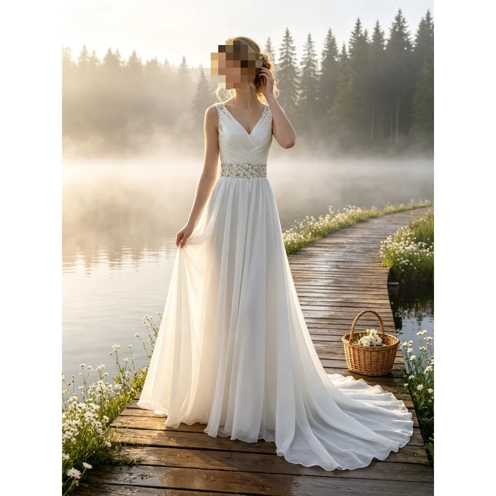 Custom Simple V Neck Sleeveless Bridal Gown Ruched Bodice Rhinestone Sash Empire Waist Flowy Chiffon A-Line Wedding Dress