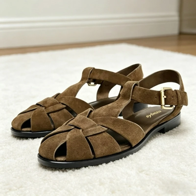

High-Quality Faux Suede Brown Flat Sandals Women Unique Cross Tied Gladiators Sandals Fashion Ankle Straps Buckle Designer Shoes