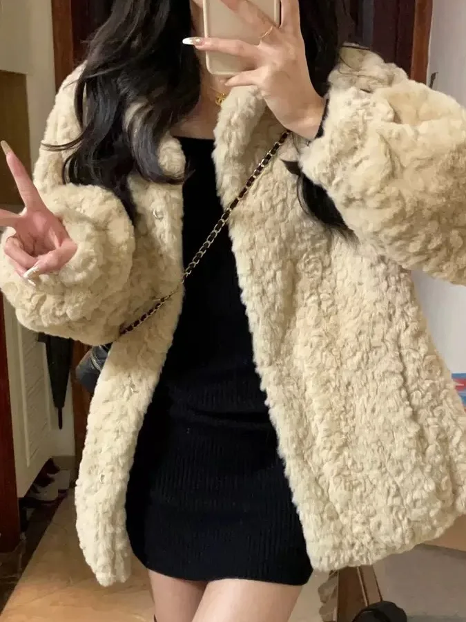 

Women's Loose Fur Jaet Fluffy Plu Synthetic Leather Coat Lazy Sle Autumn Winter Thiened Cotton Double Layer Inner Lad...