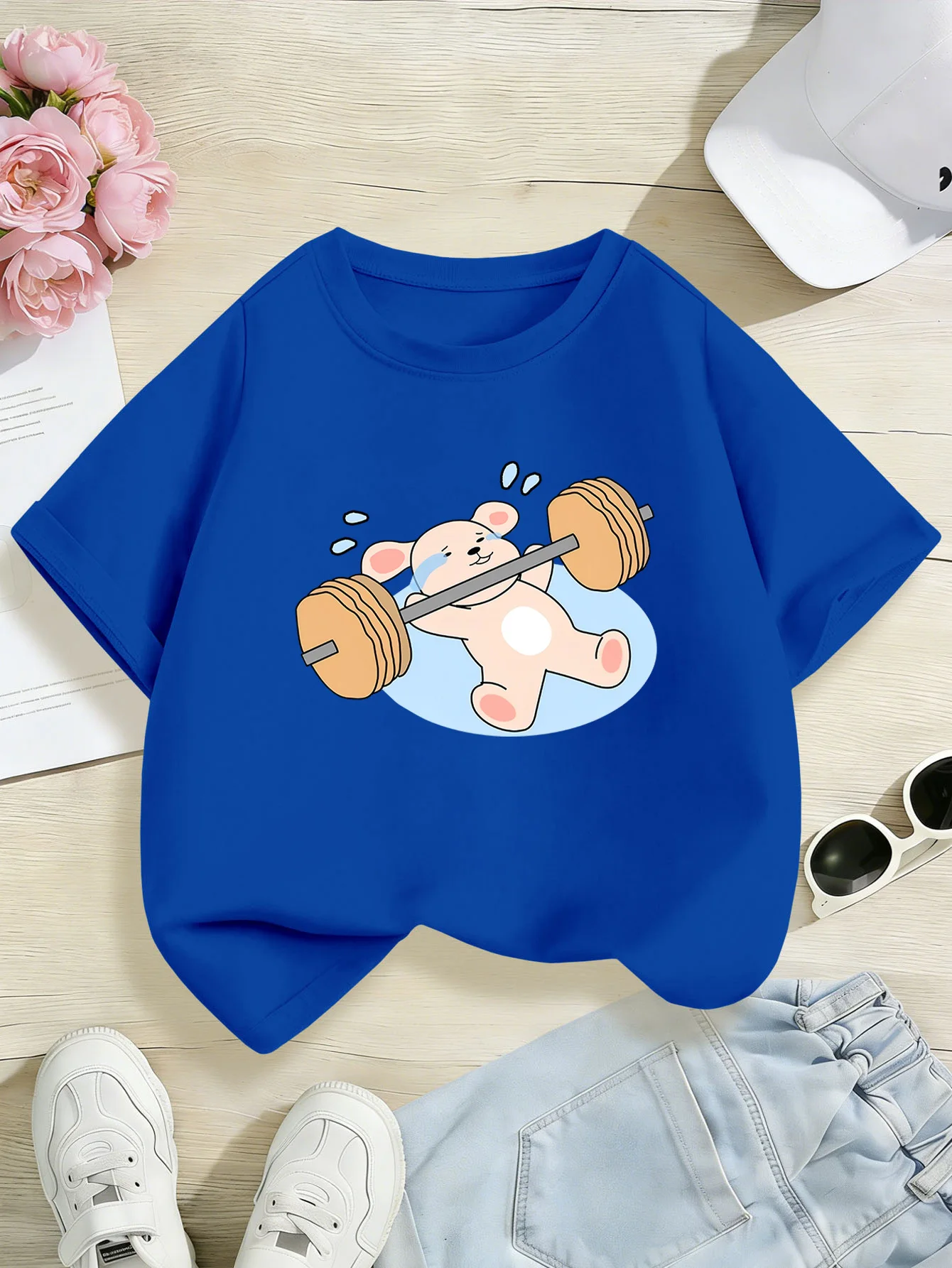 Parent Child T Shirt Sweat Lifting Barbell Bunny Graphic Boys Girls Breathable Short Sleeve Cute Cartoon Simple Daily Casual Tee