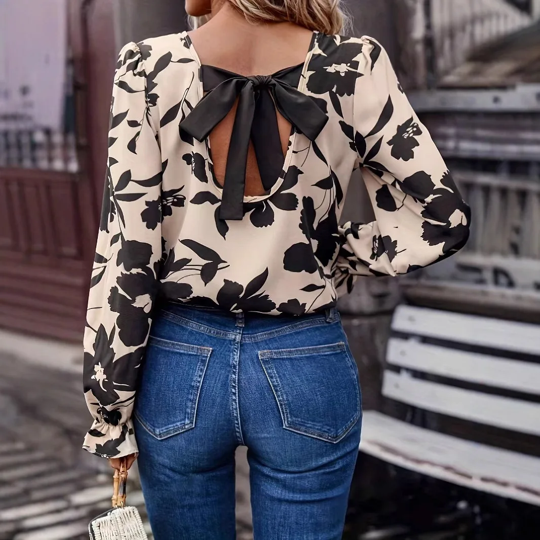 

2025 New Women's Shirt Long-sleeved Pullover Backless Lace-up Bow O-neck Fashion Pullover Top Simpleblouses for Female