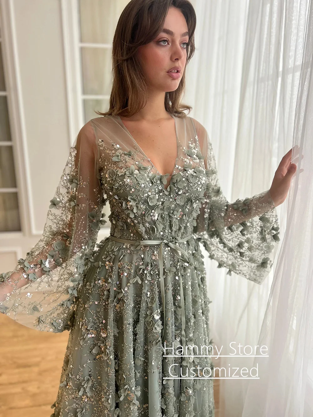 Exquisite Lace Evening Dress Customized Batwing Sleeves V Neck Beading Sequined Flowers A Line Prom Gown Birthday Party Dresses image 3