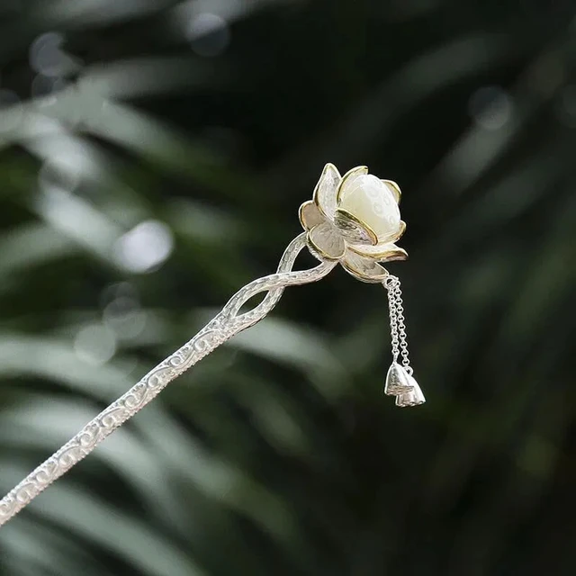 White jade magnolia flower hairpin s925 sterling silver tassel hair stick order