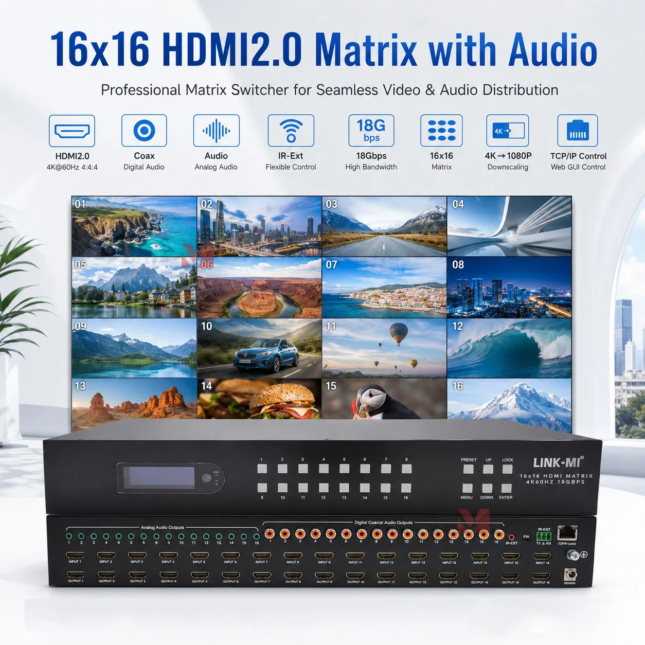 

LINK-MI 4K@60Hz 16x16 HDMI Matrix 16 Input 16 Output Matrix with Audio Matrix HDMI 16x16 Matrix Switcher with smart EDID RS232
