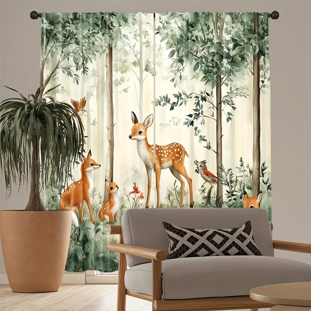 Forest Woodland Curtains Deer Fox Botanical Nature Pattern Drapes Polyester Fabric Home Decor Window Treatment