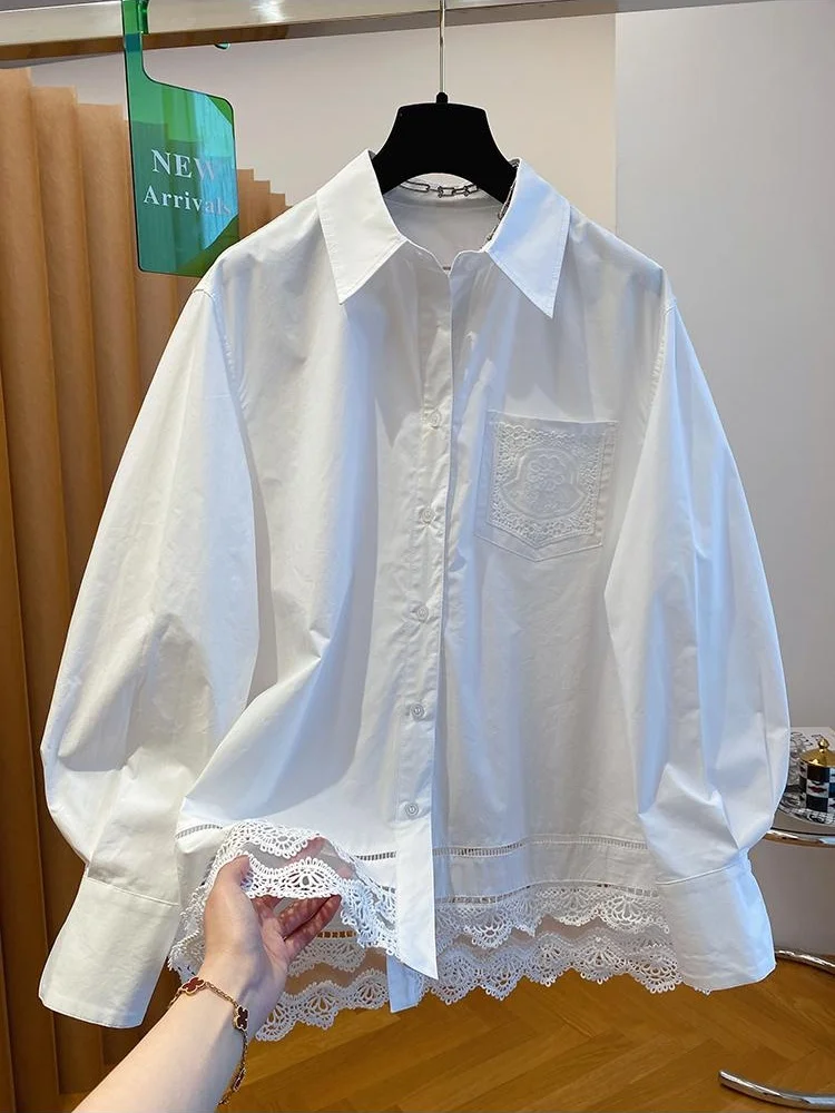 

Женская рубашка SuperAen в европейском стиле, белая, с кружевными вставками, с длинным рукавом, весна-осень 2026, новая, свободная, повседневная, в стиле «свит».