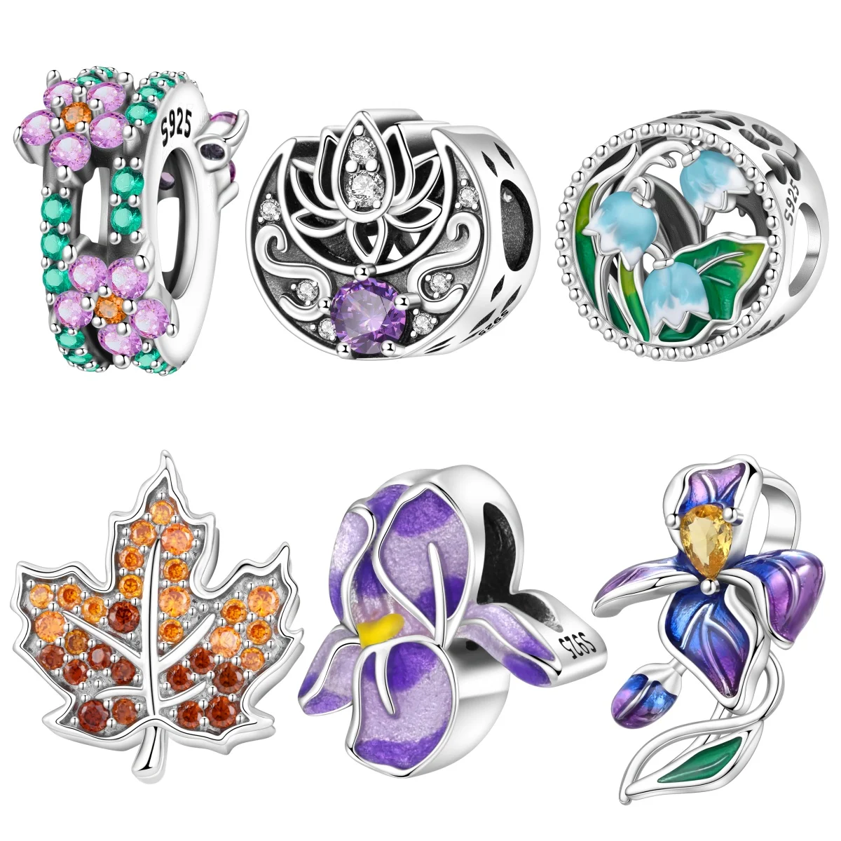Orstarry S925 Sterling Silver Charm Lily of the Valley, Purple Irises Flower Bead Fit Bracelet Necklace DIY Jewelry Making Gift