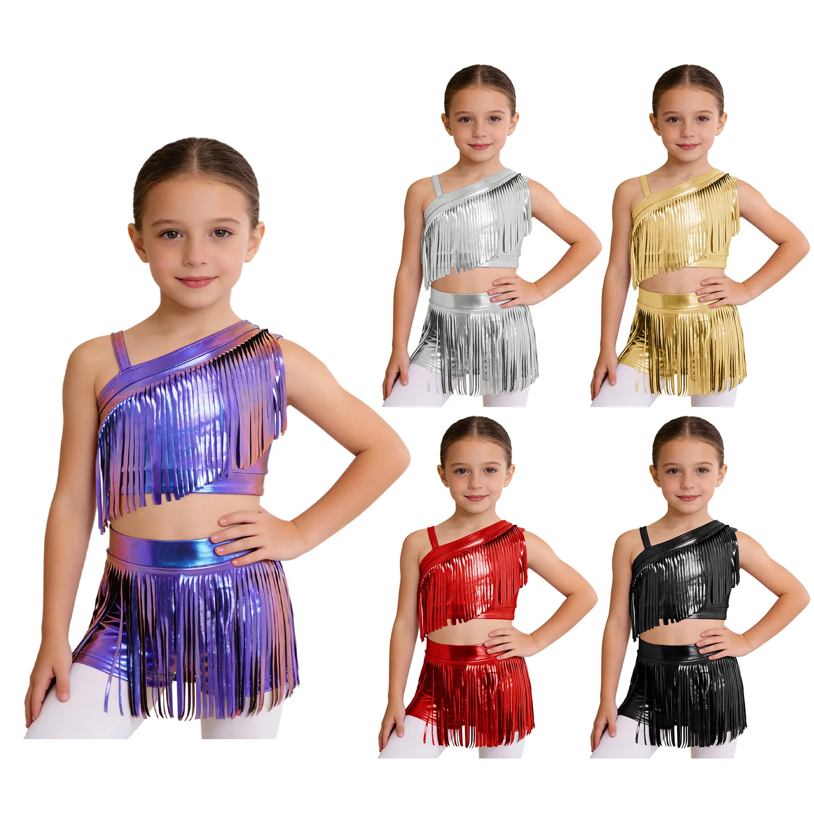 Children Latin Dance Clothes Set Kids Girls Metallic Tassels Crop Top And Skirts Suit Ballroom Dancewear Competition Costumes