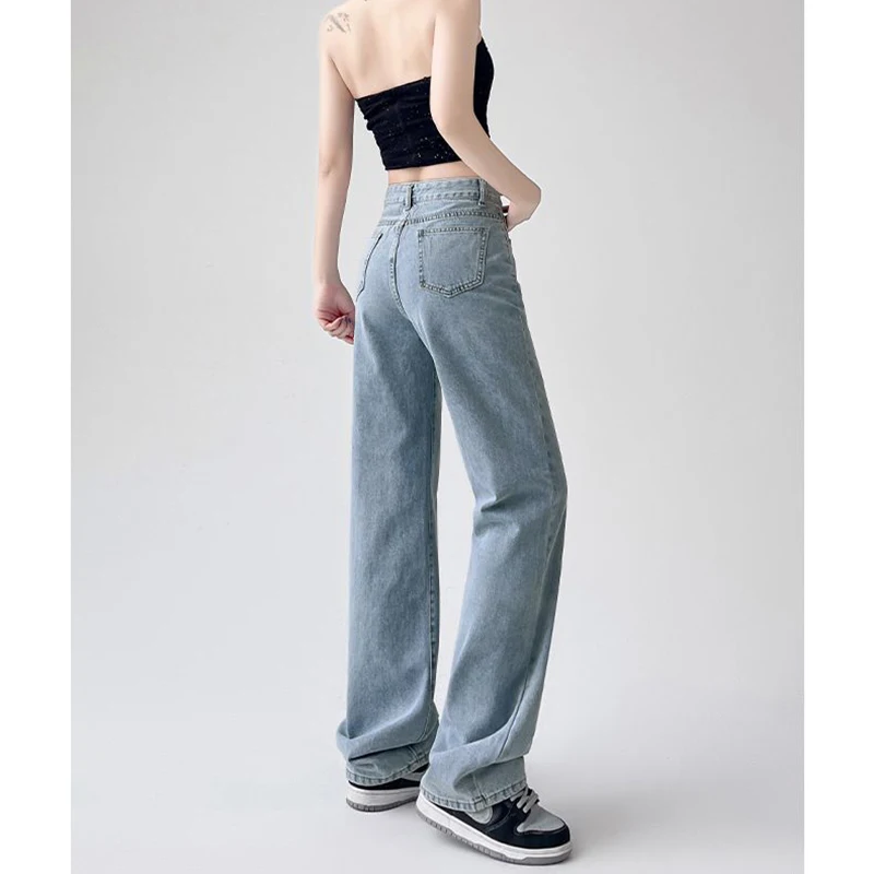 Wyprzedaż Klasyczne Damskie Jeansy z Wysokim Stanem Koreańskie Proste Nogawki Wąskie Rozszerzane Spodnie Damskie Dopasowane Spodnie Denimowe