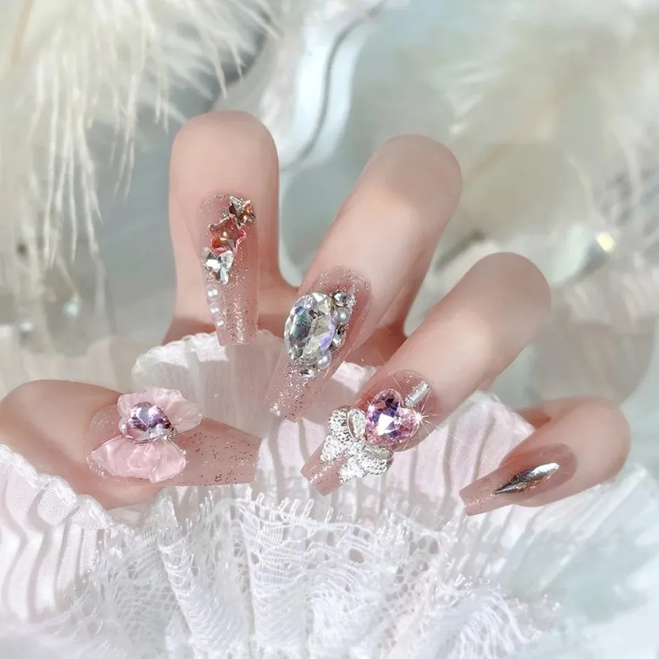 24 uñas postizas para chicas, cobertura completa, dulces y lindas con moño, diseño de cristal rosa, coreanas 3
