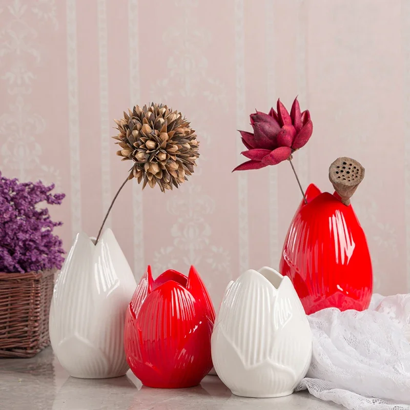 Modern Ceramic Vase with Red Lotus, Flower Pot, Porcelain Decoration, Desk Aesthetic Room, Minimalist Home Accessories