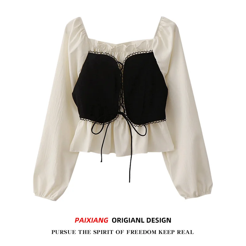 

Women's Patchwork Clothes Apricot Shirts and Blouse Y2k 90s Vintage Korean Harajuku 2000s Kawaii Long Sleeve Shirt Top 2025