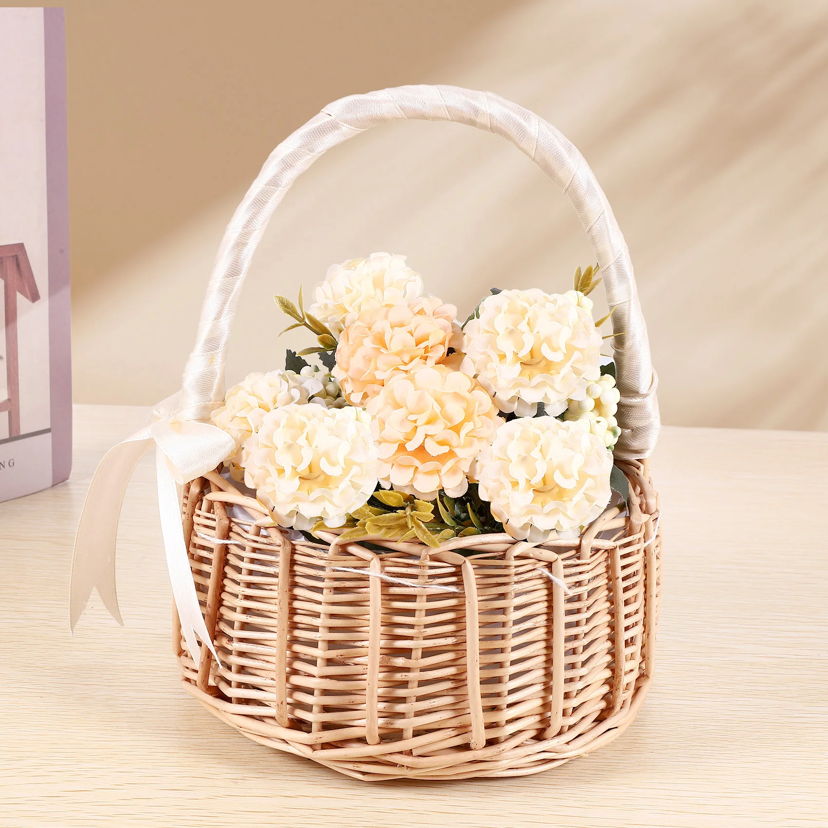 Woven Flower Basket Rattan Storage Basket Flower Girl Hand Basket Handmade Flower Basket with Bow, S