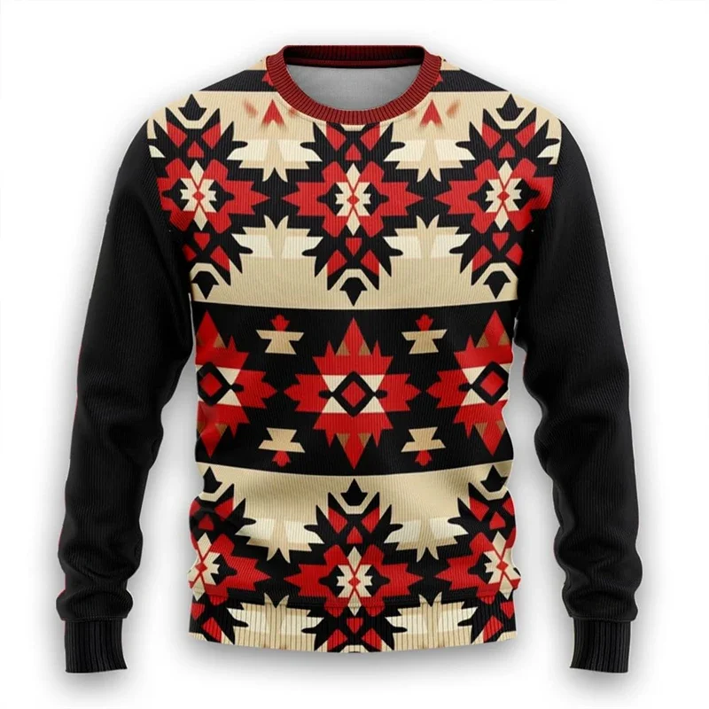 Suéter de Navidad feo con estampado 3D Tribal Vintage para mujer, suéter divertido azteca para hombre, sudadera de cuello redondo para vacaciones de Navidad, Tops Unisex