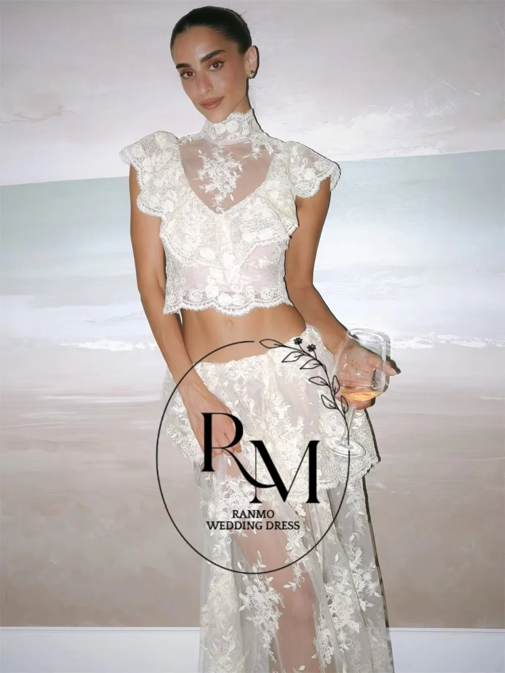 Ranmo Two Piece High Neck Floral Lace Maxi Dress Elegant Sheer Mesh Crop Top Skirt Set For Wedding Reception Cocktail Party 2026