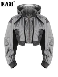 [EAM] Gray Color-block Pleated Big Size Short Jacket New Hooded Long Sleeve Women Coat Fashion Tide Spring Autumn 2024  7AB4742