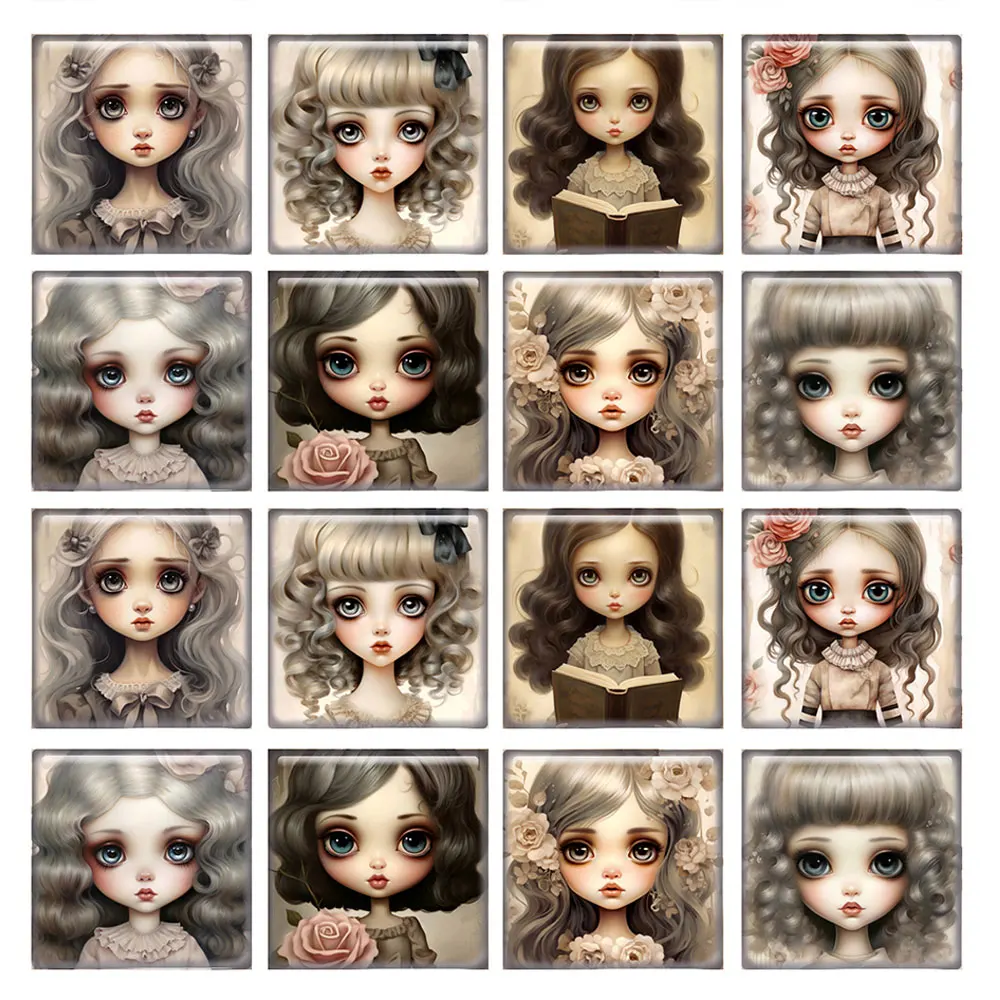 

10pcs/lots Gothic Flower Girl Square Photo Glass Cabochon Flatback Demo Flat Back Cameo For Diy Jewelry Making