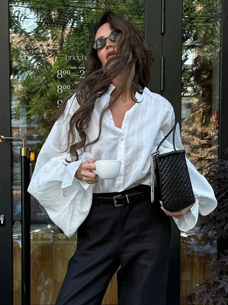 

2026 Autumn Oversized White Puff Long Sleeve Women's Shirt Textured Button Stand Neck Casual Office Blouse Clothing