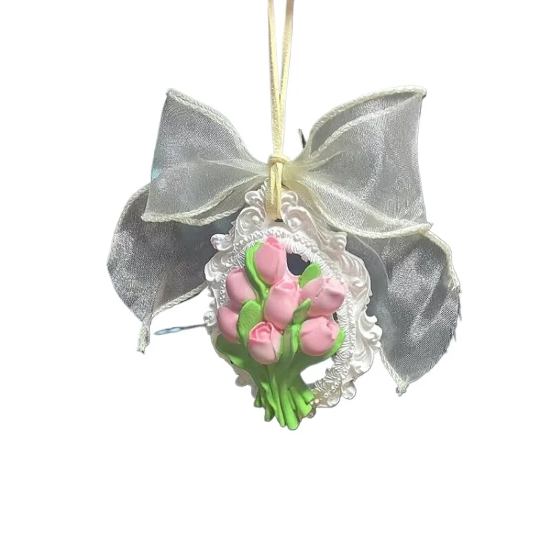 Tulip Shaped Printing Car Decoration Pendant Rearview Mirror Hanging Fake Stones Luxury Aromatherapy Fragrance Air Freshener