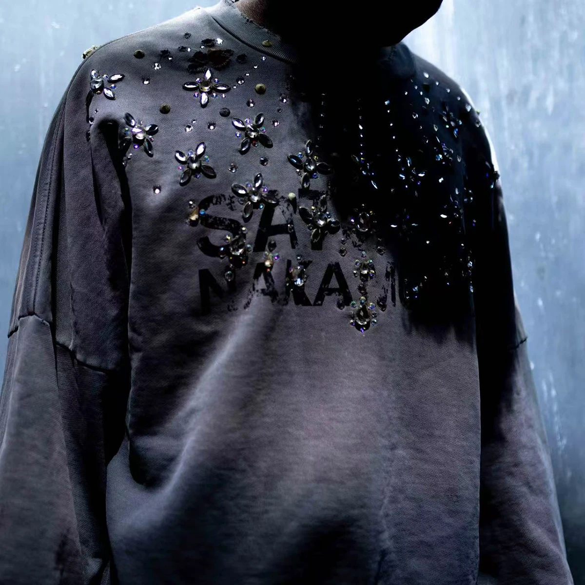Shinning Crystal Castle Crew Neck Washed Terry Sweatshirt for Men and Women High Street Retro Diamond Baggy Hoodies Oversized