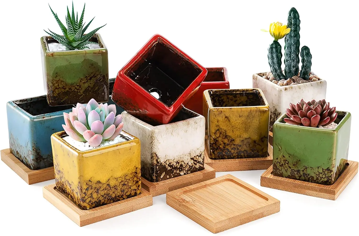 Set of 10 Succulent Planter Pots, 2 Inch Square Ceramic Glazed Plant Pot Tiny Flower Container with Drainage Hole & Bamboo Tray