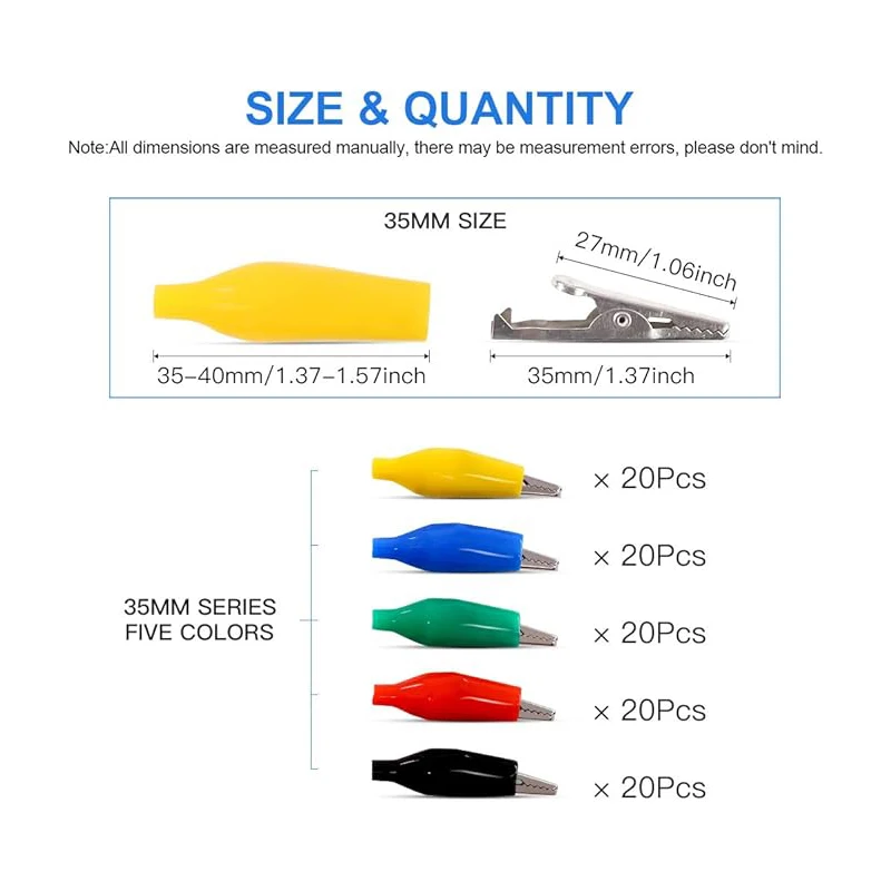 100Pcs 1.4''/35mm Alligator Crocodile Clip Electrical Test Jumper Helper with Insulation Cover for Electrical Testing Colorful