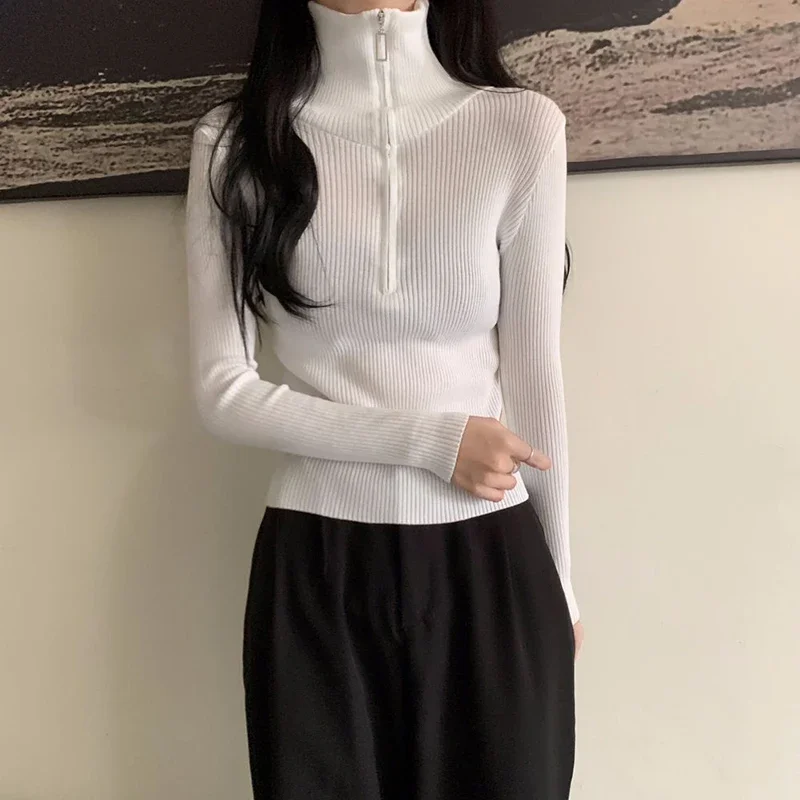 Xpqbb sweter rajut abu-abu antik wanita, jaket dasar polos Turtleneck Pullover ritsleting musim semi musim gugur untuk perempuan