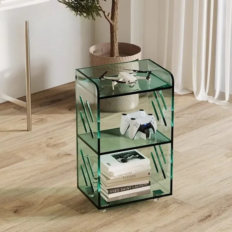 Mobile bookshelf acrylic shelf floor with wheel storage side cabinet