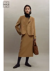 ZIQIAO 100% Wool Jacket Skirts Winter Sets Round Neck Double Breasted Temperament Camel Color Woolen Coats Zipper Waist Skirt