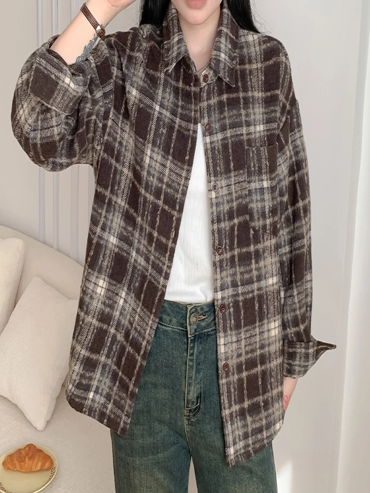 새로운 패션 가을 겨울 캐주얼 루즈 긴 소매 여성 체크 셔츠, 빈티지 여성 스트리트웨어 코트, 여성 의류, 시크 탑스