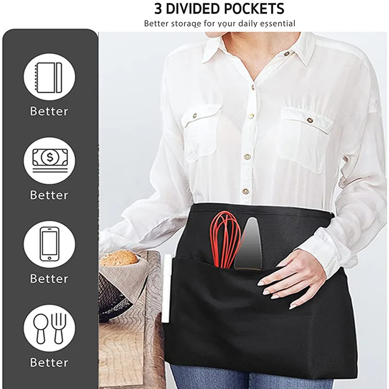 Black Waterproof and Stain - resistant Waiter's Apron, Essential Half - body Style for Restaurant and Hotel Kitchens