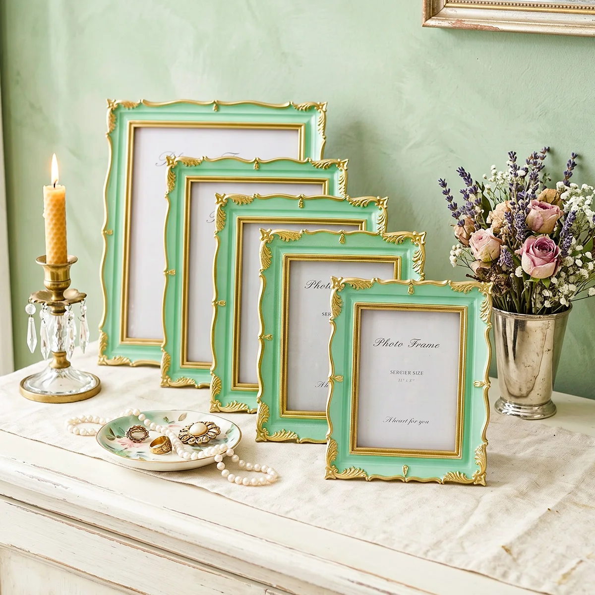1PC, French Mint Green Gold-plated Wave-shaped Engraved Frame, Lace Resin Standing Display Stand, Three-dimensional Frame