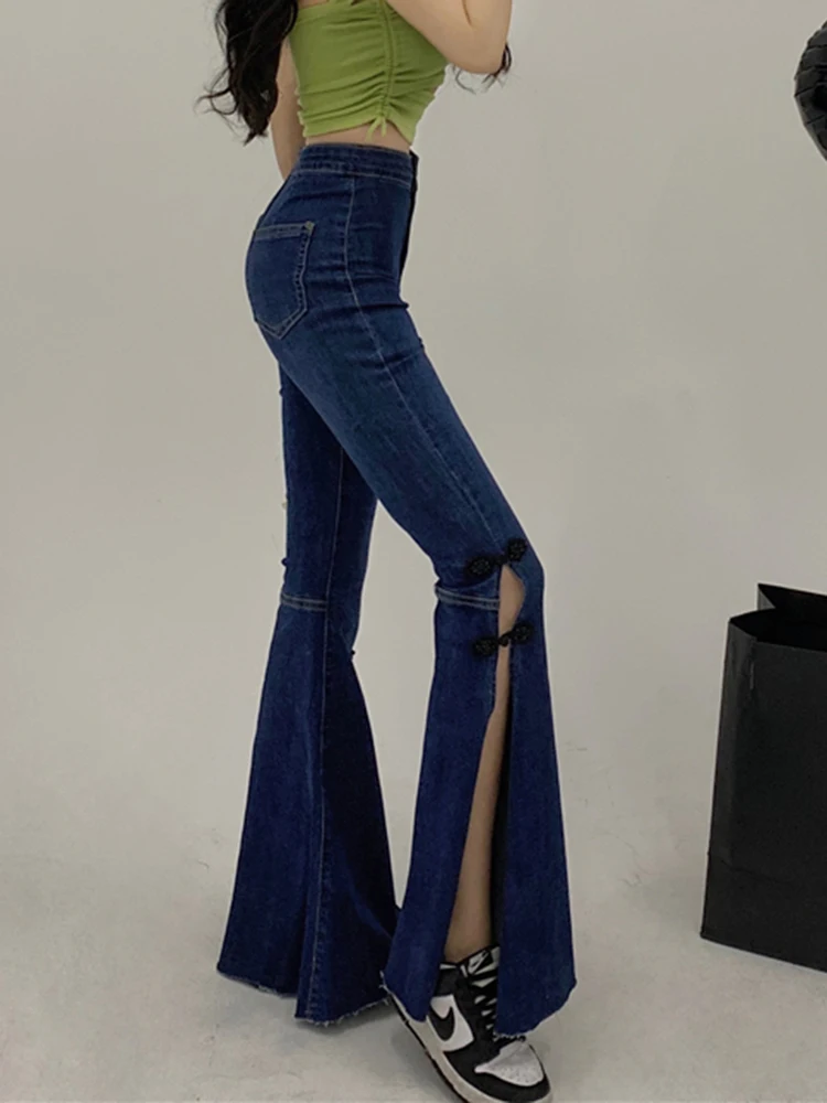 

Vintage Disk-Button Split Jeans Stretch Women Skinny Jeans Fashioin High Waist Flare Jeans Slim-Fit Bodycon Denim Boot Cut Pants