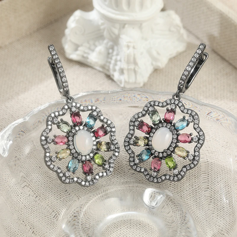 Ethnic Style Long Clip Color Zircon Vintage Dangle Earrings Party Banquet Wedding Bohemian Earrings For Women Jewelry