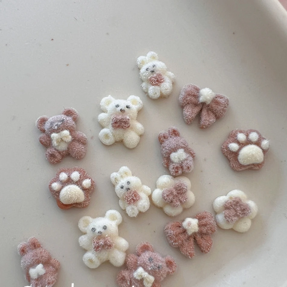 10pcs New Plush Bear Nails Jewelry Cute Plush Bow Rabbit Milk Coffee Charms Nail Art Decoration Rhinestones Manicure Accessories