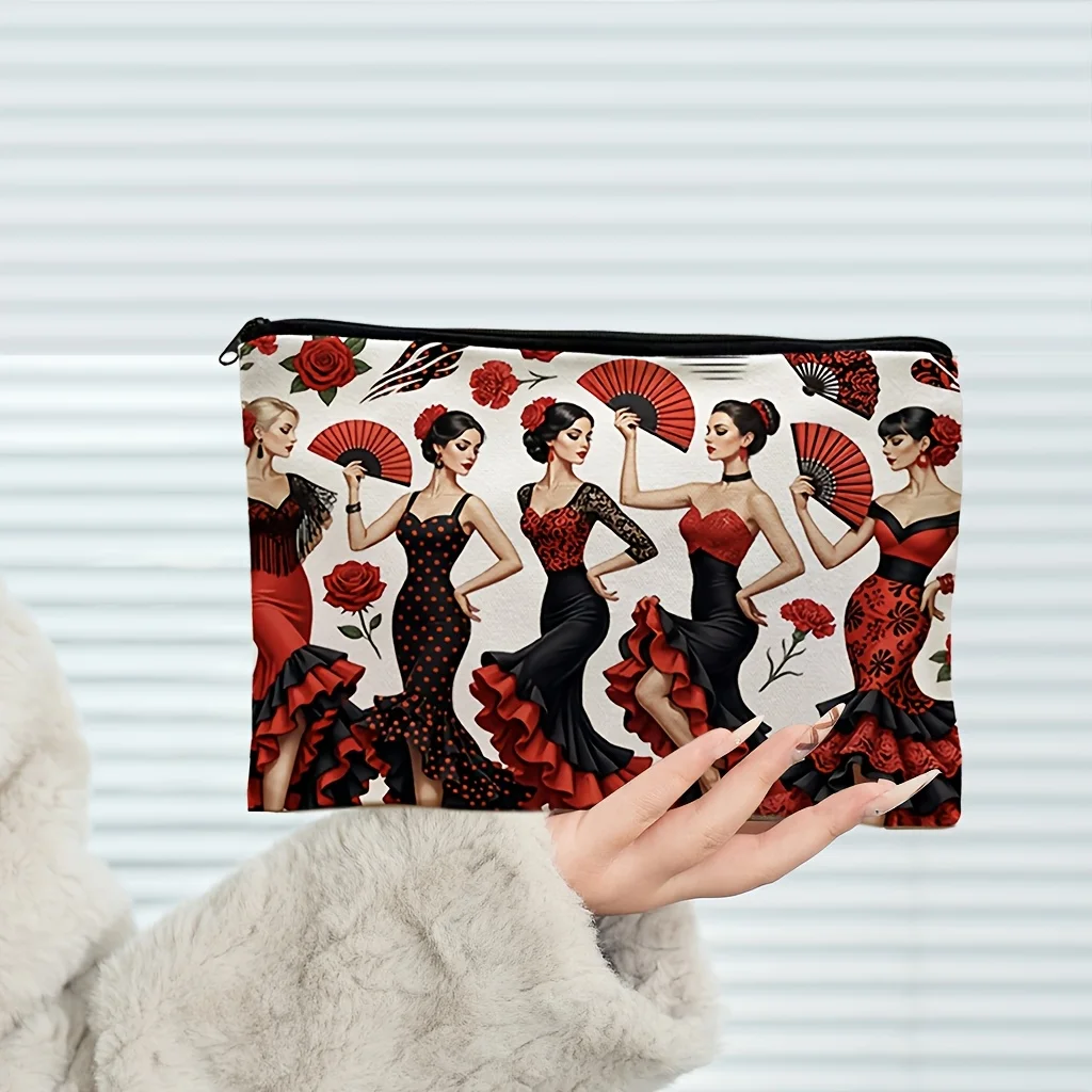 Vintage Flamenco Style Flat Storage Pouch Featuring a Print of a Passionate Spanish Dancer with a Rose Folding Fan Storage Bags