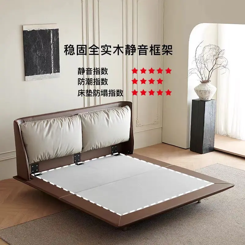 سرير جلدي إيطالي بسيط بطول 1.8 متر، سرير زواج لغرفة النوم الرئيسية، حقيبة ناعمة، مسند ظهر خفيف فاخر، مشاهير الإنترنت، راقي #4