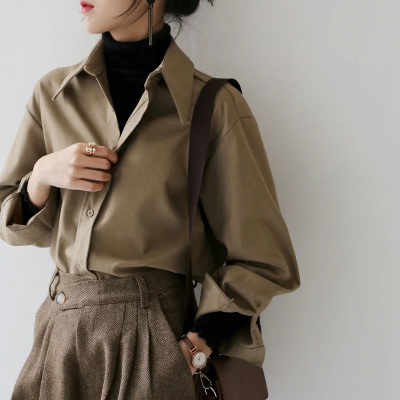 

Loose Women's Shirt Layering Style Spring Autumn Dongdaemun Fashion Brand Commute Style Long Sleeve Button up Pure Color