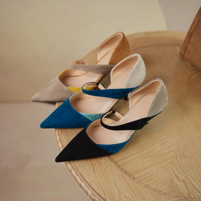 2026new summer women sandals natural leather 22-24.5cm kid suede+pigskin+sheepskin pointed toe mixed color high heel women shoes view 2