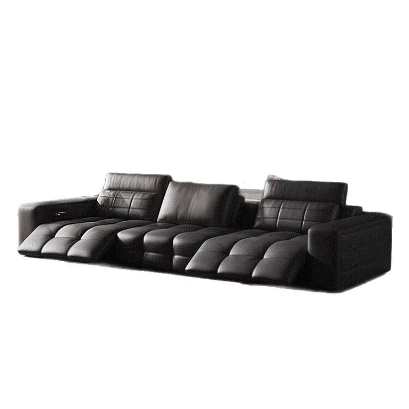 

Black sofa multi-functional Italian villa living room leather straight row high-end